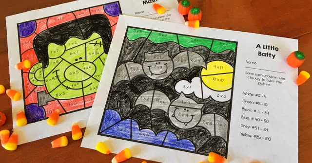 FREE Halloween multiplication facts color-by-number worksheets