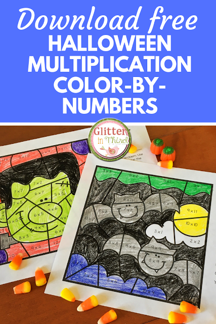 FREE Halloween multiplication facts color-by-number worksheets