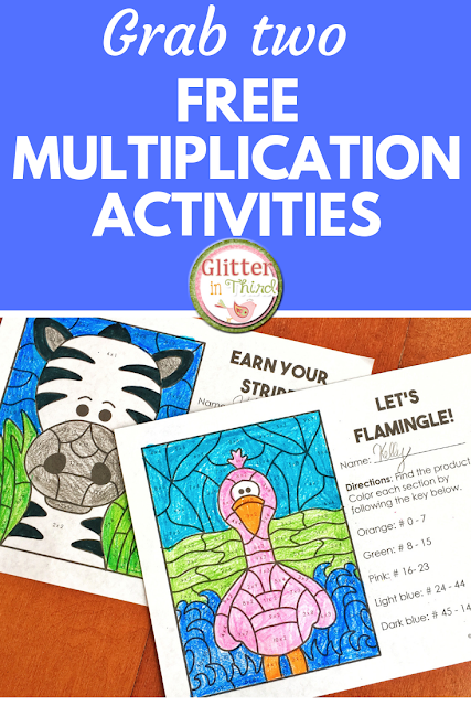 Don't miss this free multiplication color by number worksheet printable! A great activity for math centers. Designed for math fact practice in your elementary classrooms. Perfect for third grade and fourth grade math. Join my mailing list to receive this freebie and much more! #GlitterinThird #freeteachingresources #mathactivities #elementary