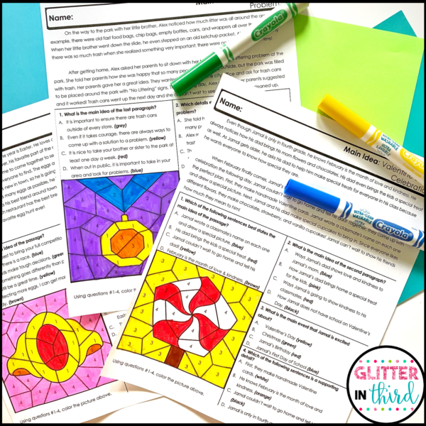 main idea worksheets color by number reading comprehension passages