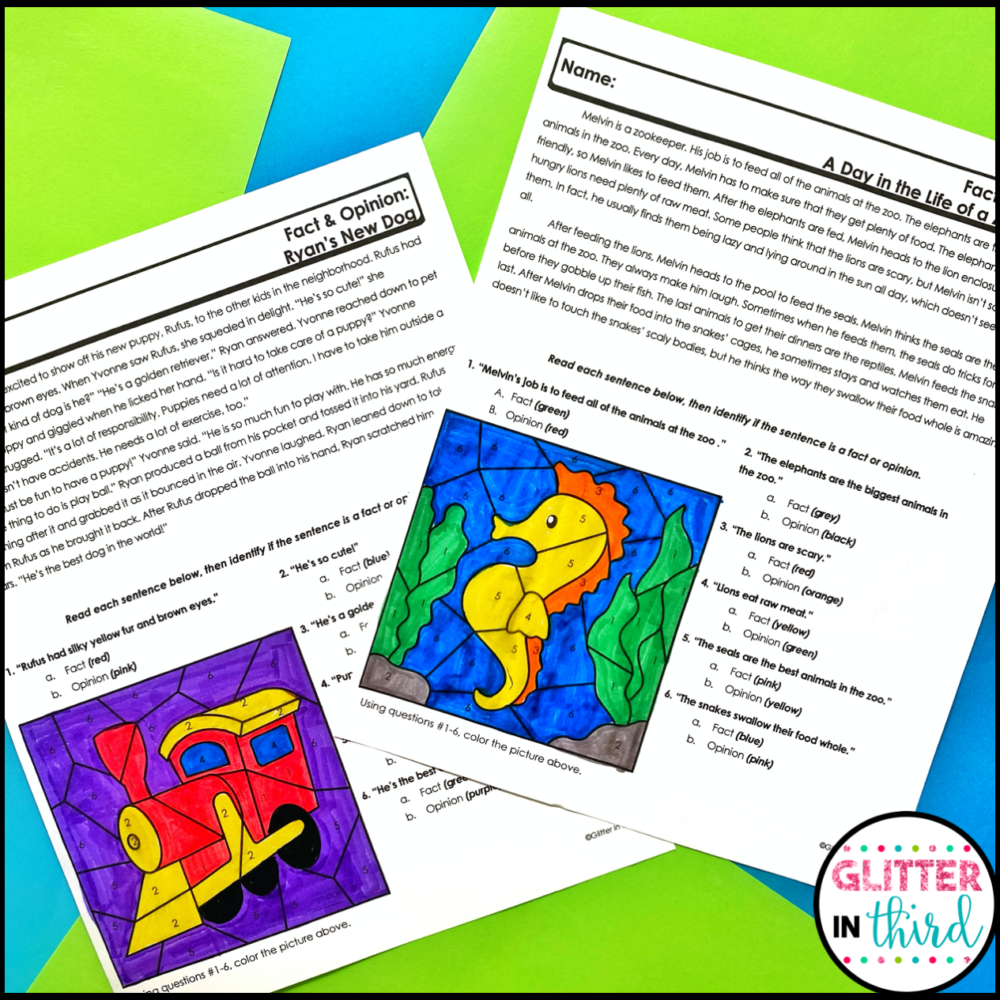 Fact and Opinion Color-By-Number Worksheets - Glitter in Third