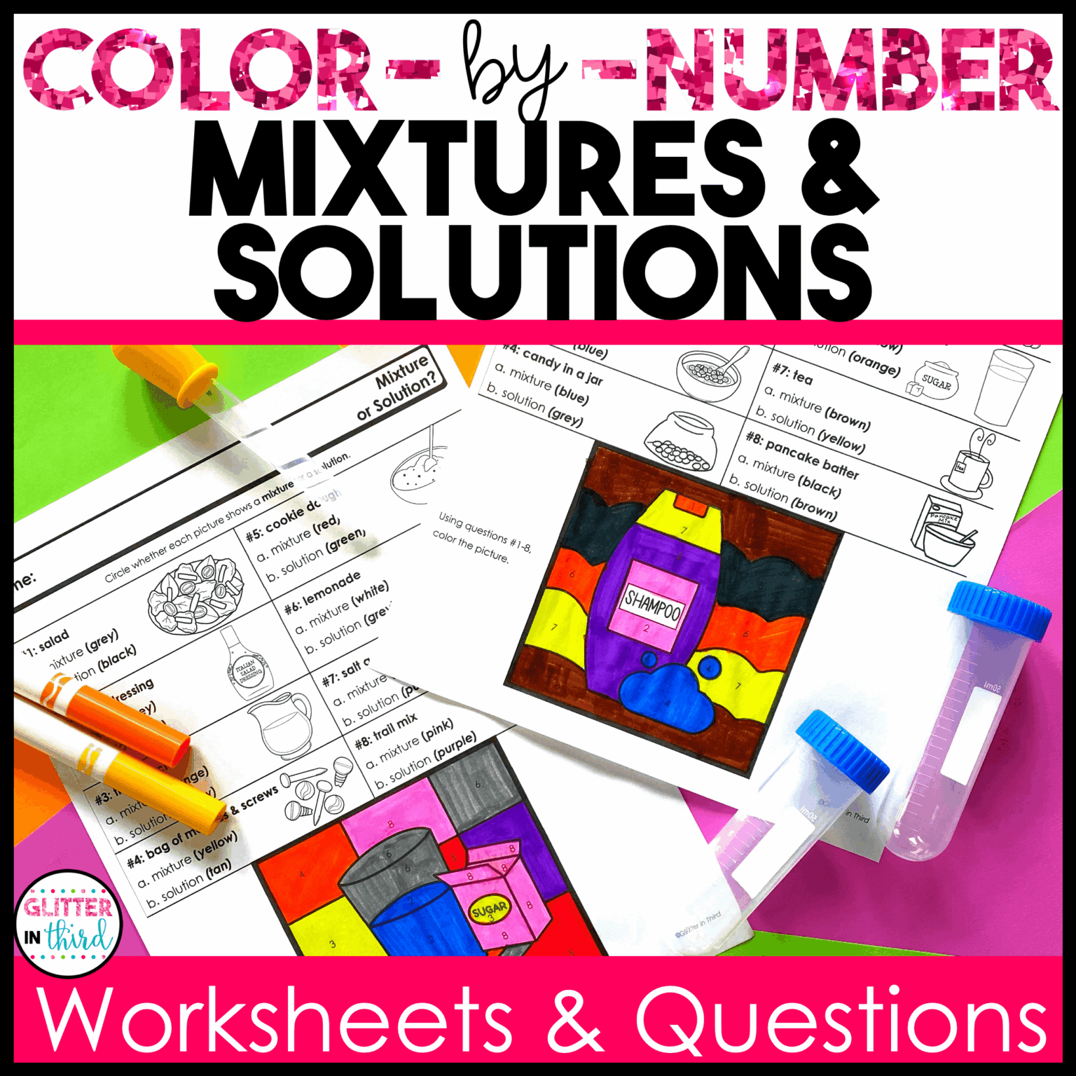 Mixtures and Solutions Worksheets Color-By-Number - Glitter in Third