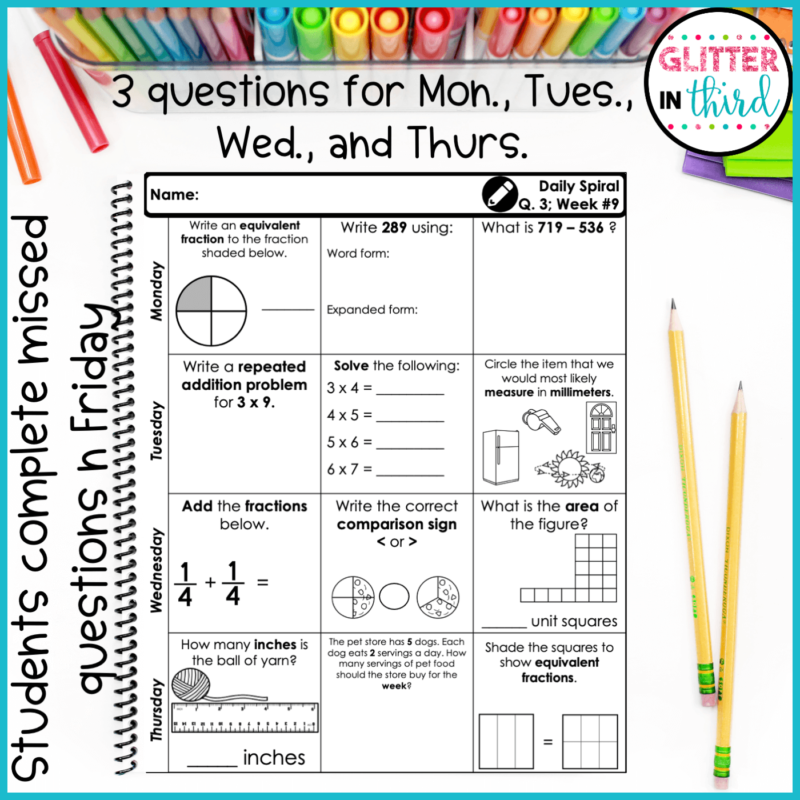 Quarter 3 3rd Grade Daily Spiral Math Review - Glitter in Third