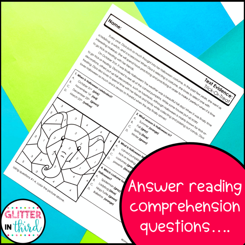 Text Evidence Color Code Text Evidence Color-By-Number Worksheets - Glitter in Third