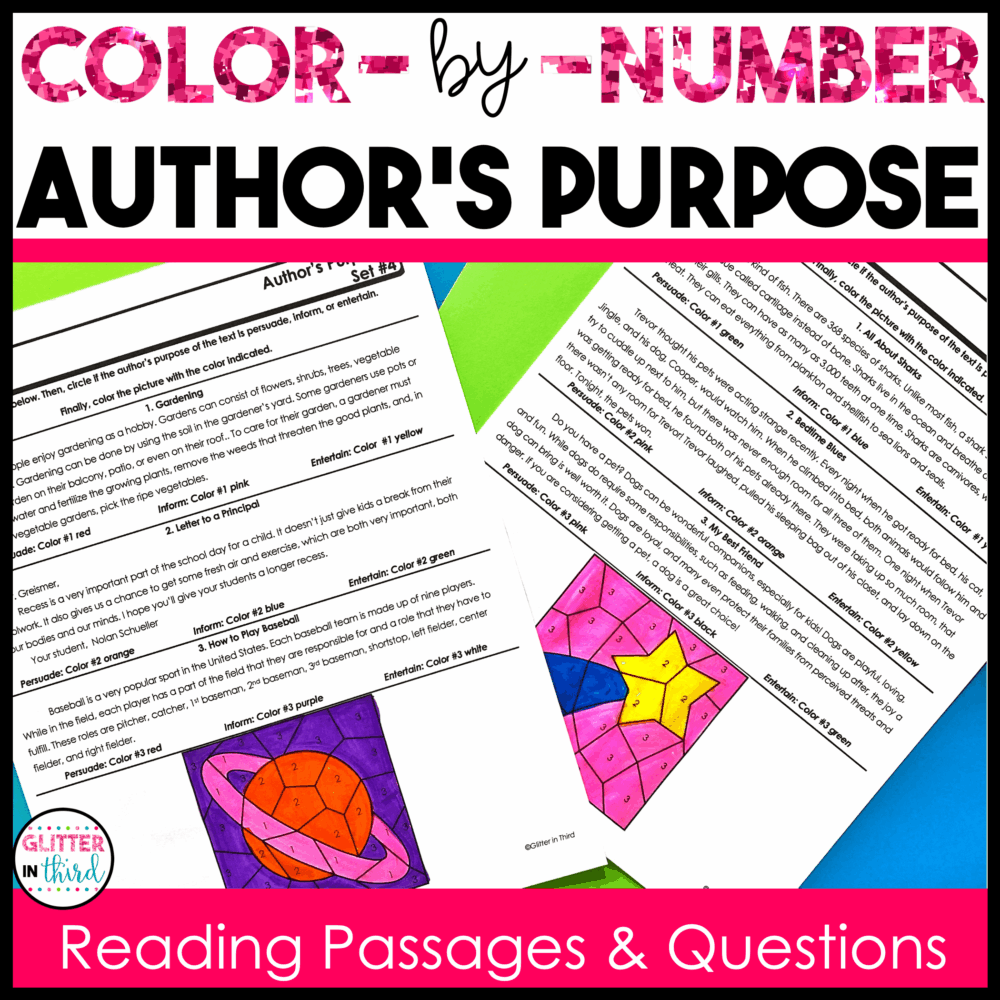 Author's Purpose Color-By-Number Worksheets - Glitter in Third