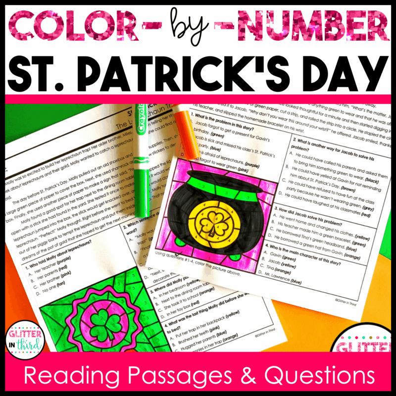 st patrick's day reading passages color by number worksheets 3rd