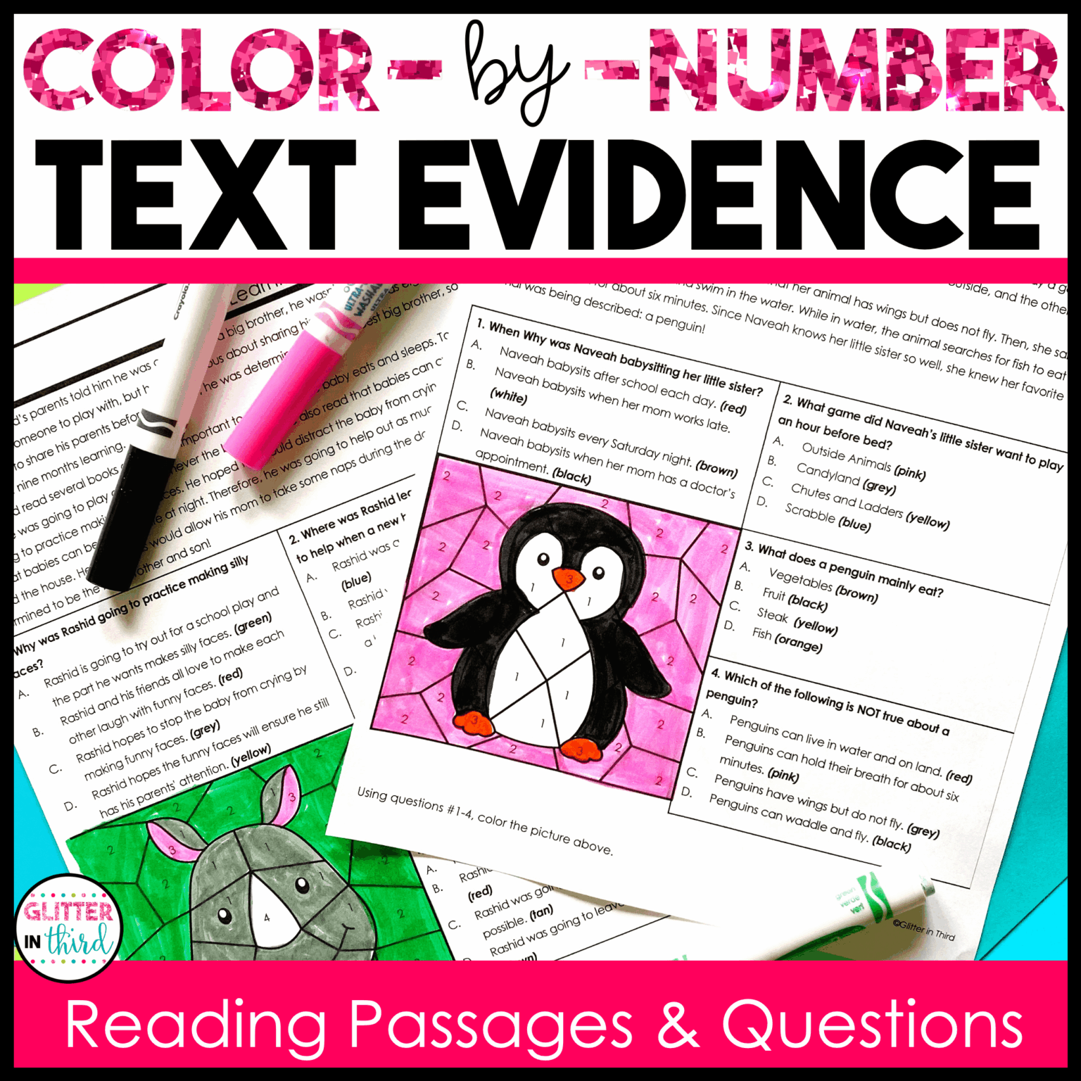 Text Evidence Color Code Text Evidence Color-By-Number Worksheets - Glitter in Third