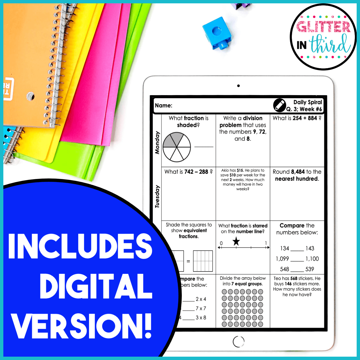 Quarter 3 3rd Grade Daily Spiral Math Review - Glitter in Third
