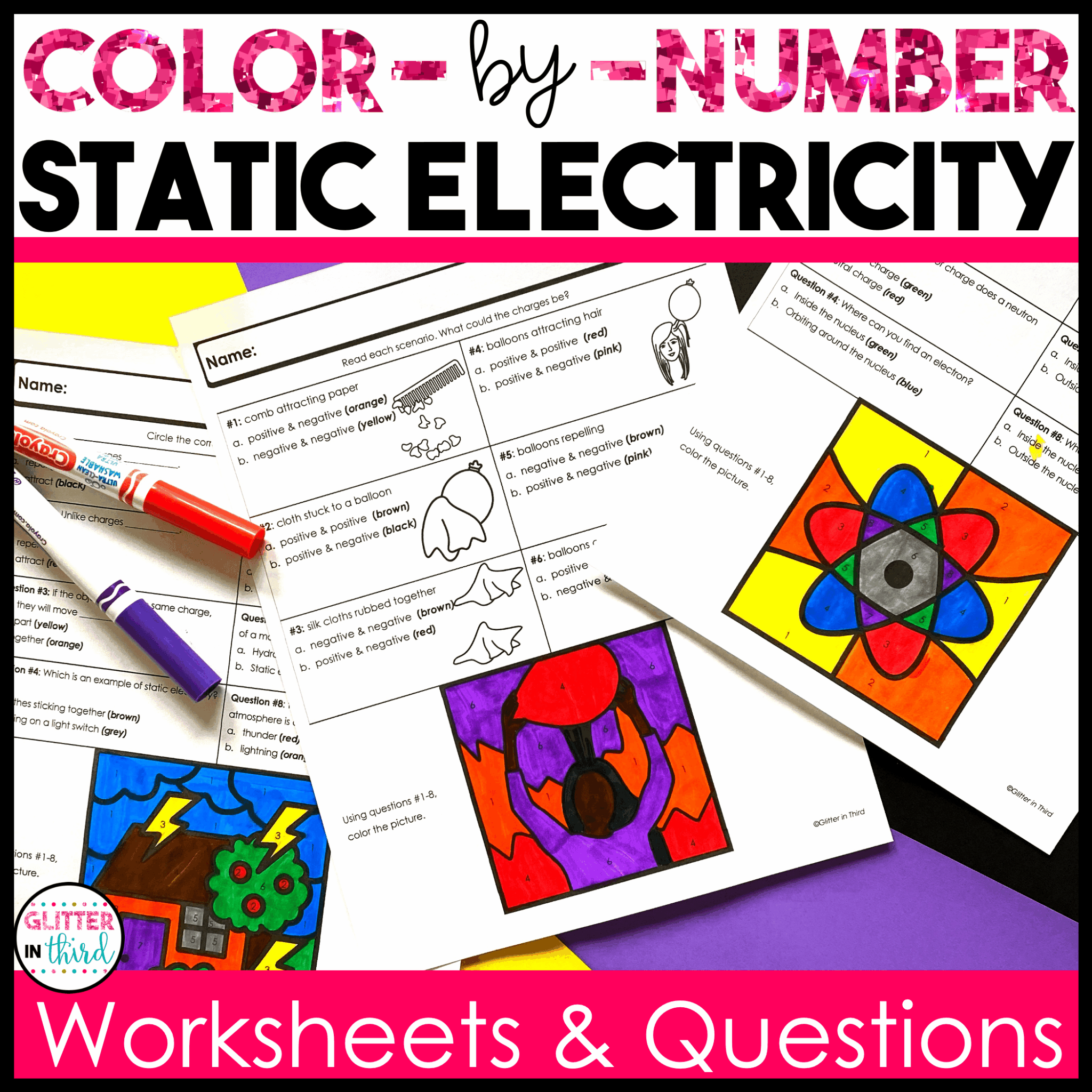 Static Electricity Worksheets Color-By-Numbers - Glitter in Third