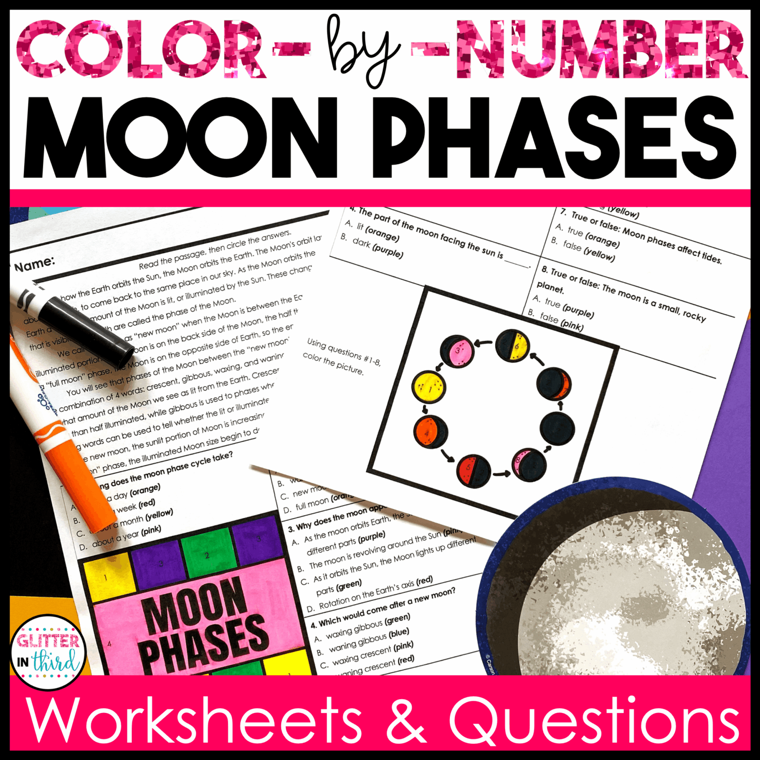 Moon Phases Worksheets Color-By-Numbers - Glitter in Third