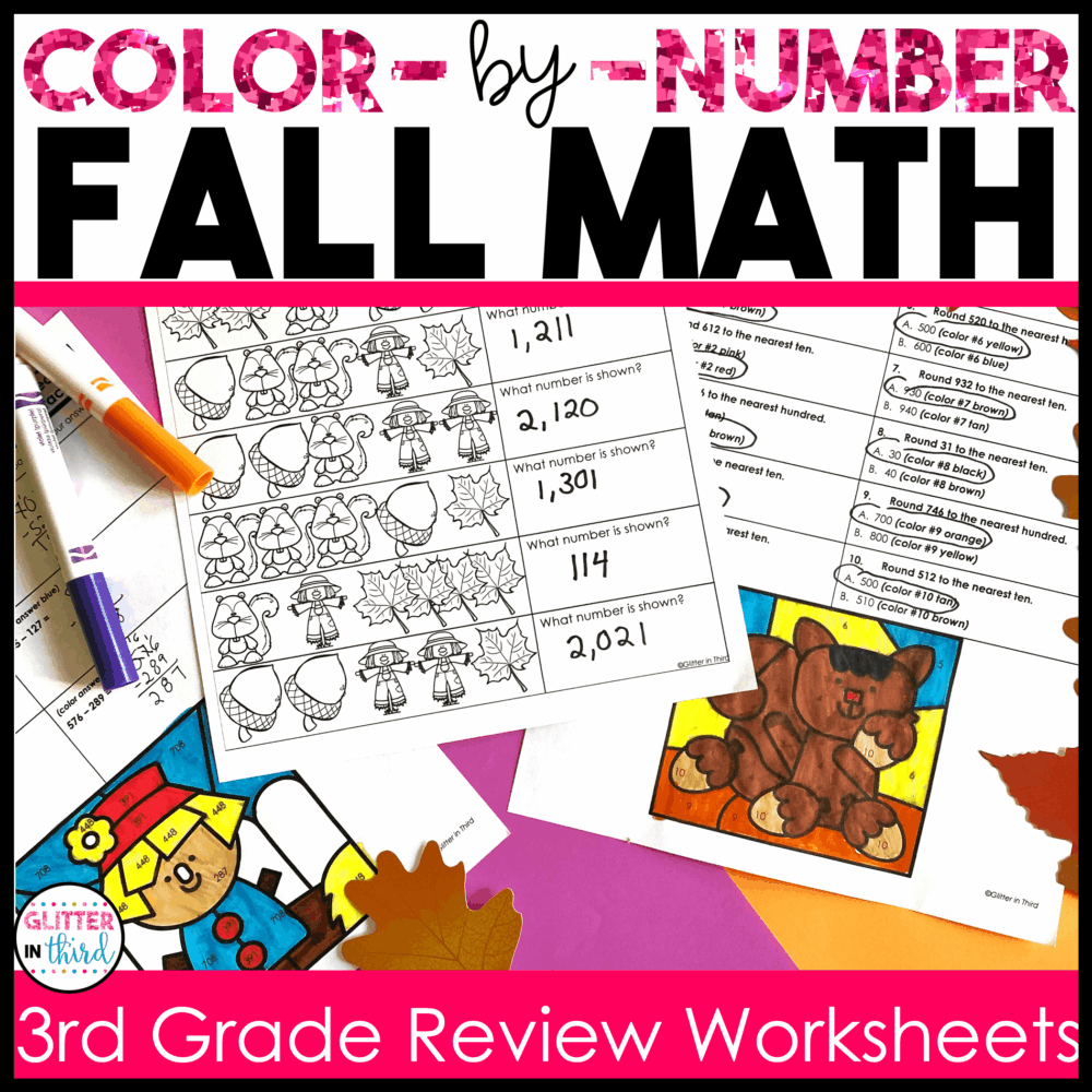 FALL Math Worksheets No Prep Color By Number - Glitter in Third