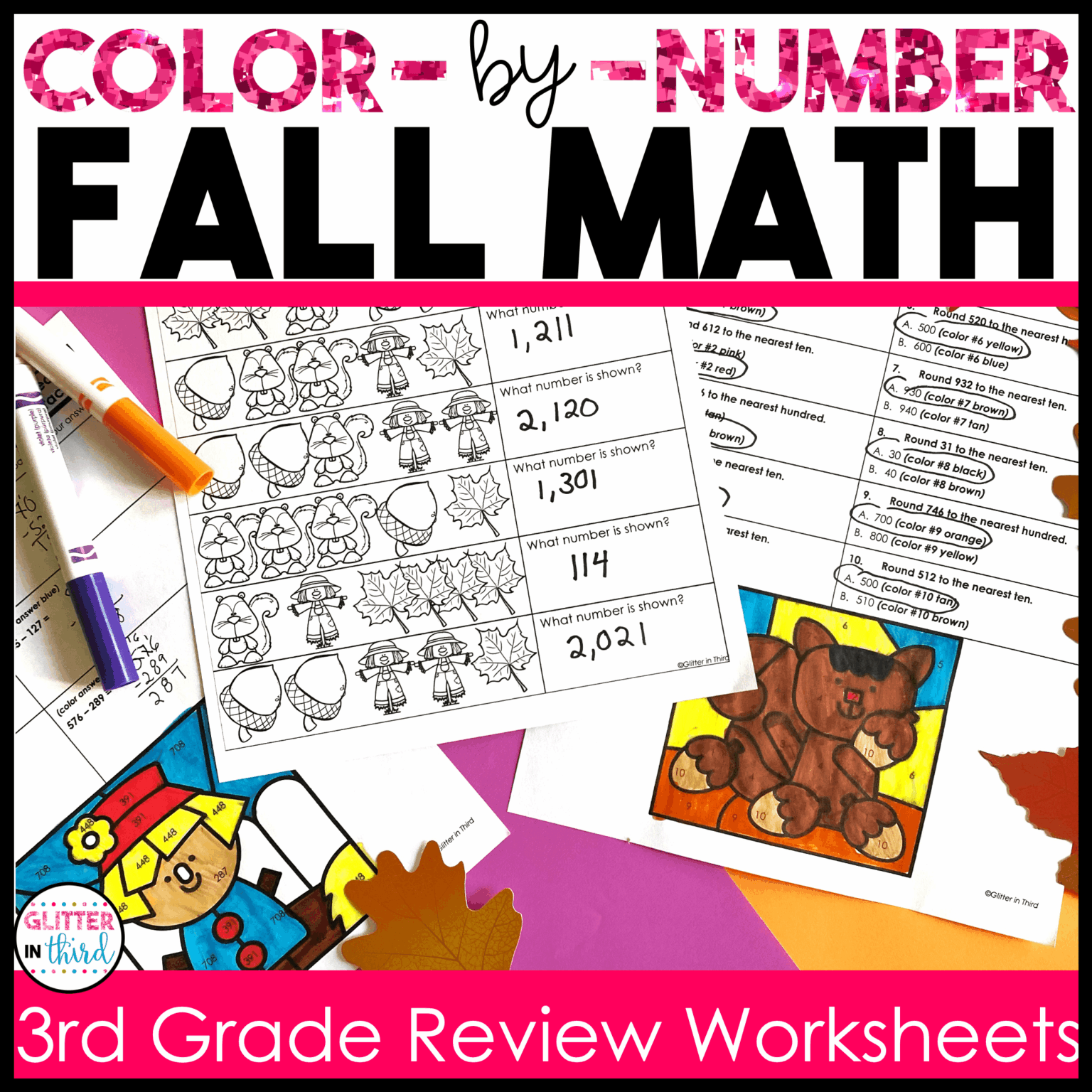 FALL Math Worksheets No Prep Color By Number - Glitter in Third