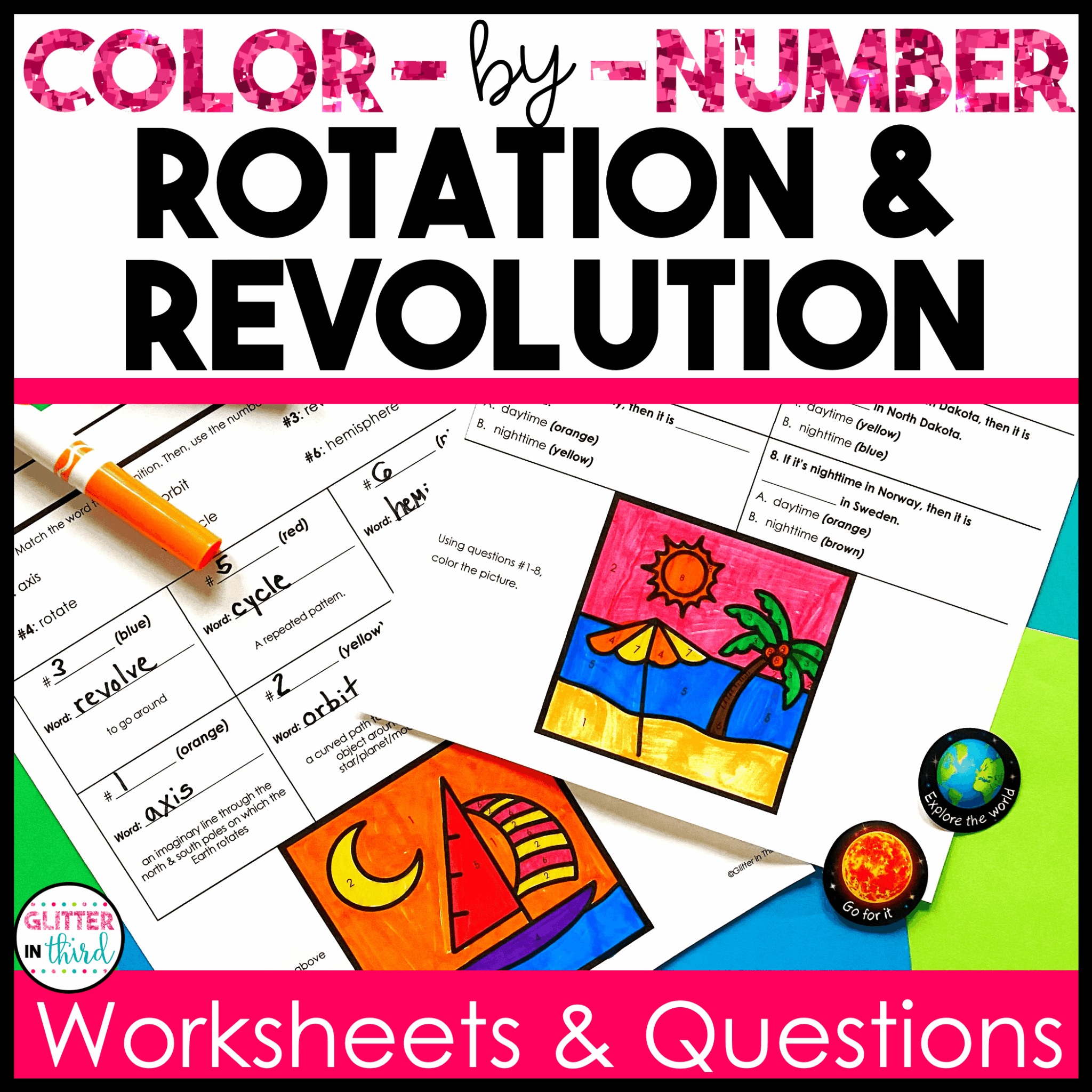 Earth's Rotation and Revolution Worksheets Color-By-Number - Glitter in ...
