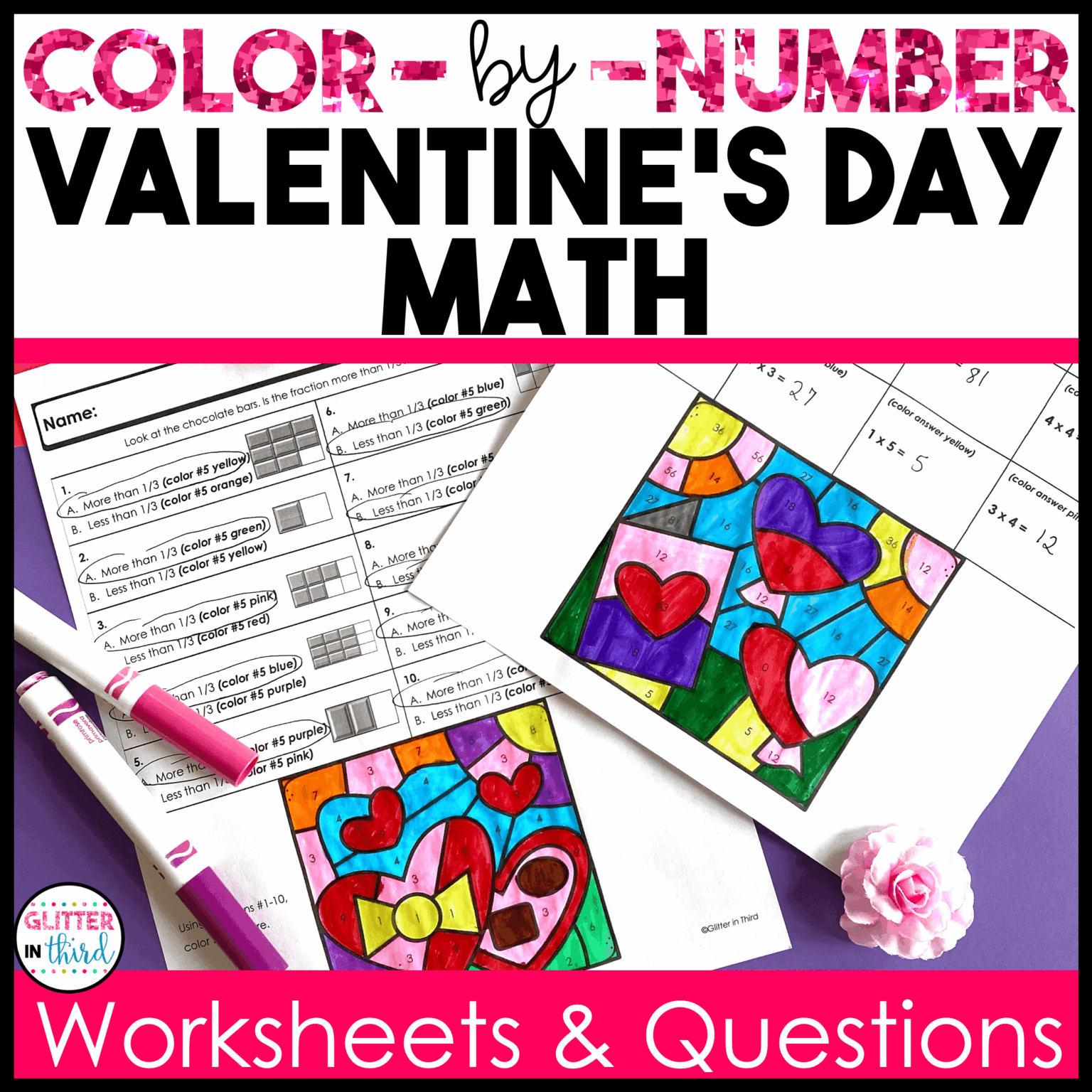 Valentine's Day 3rd Grade Math Worksheets No Prep Color By Number ...
