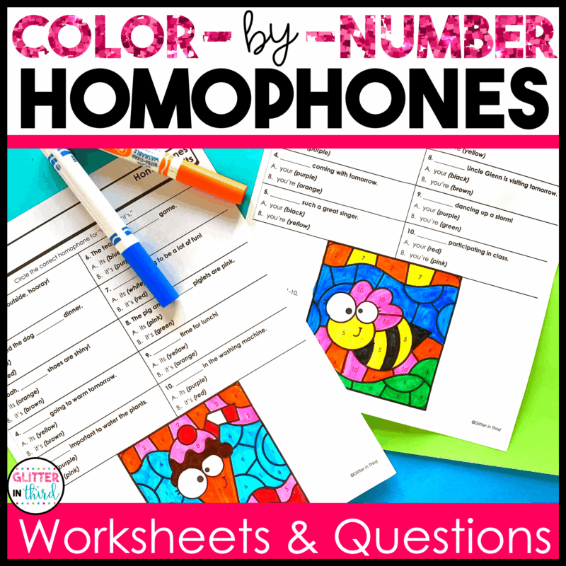 homophones color by number worksheet 3rd