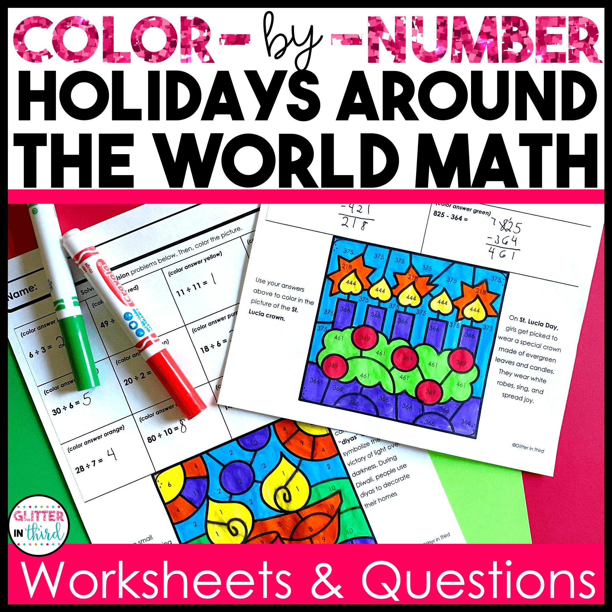 holidays around the world math color by number worksheets 3rd
