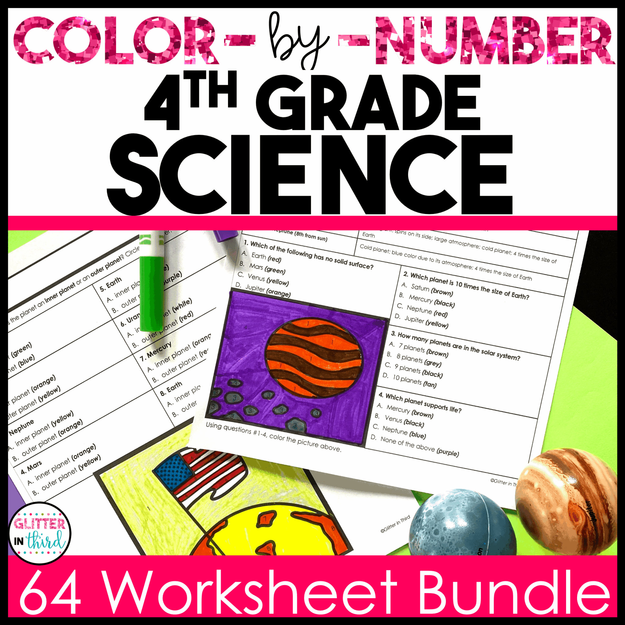 4th Grade Science SOL Color-By-Number Worksheets BUNDLE - Glitter in Third