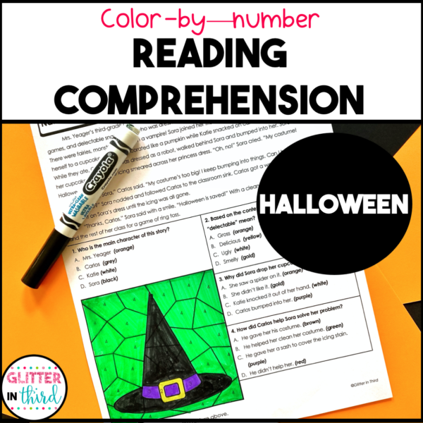 halloween reading comprehension color by number worksheet