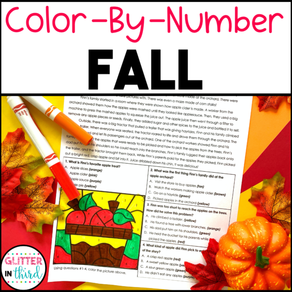 autumn reading comprehension worksheet color by number