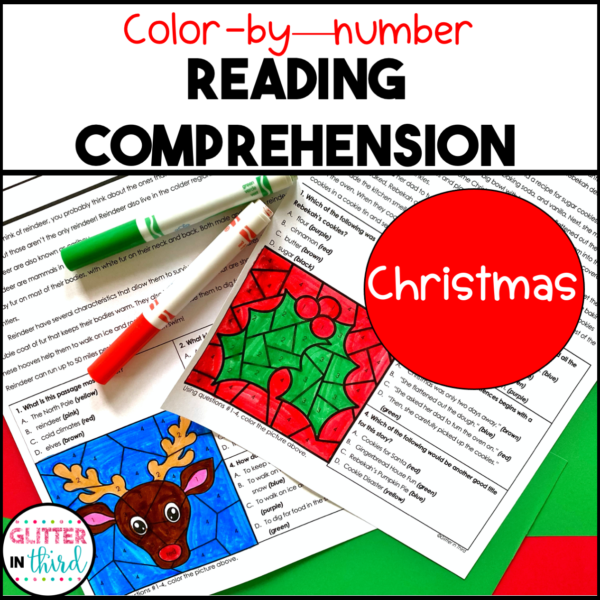 Christmas reading comprehension worksheet color by number