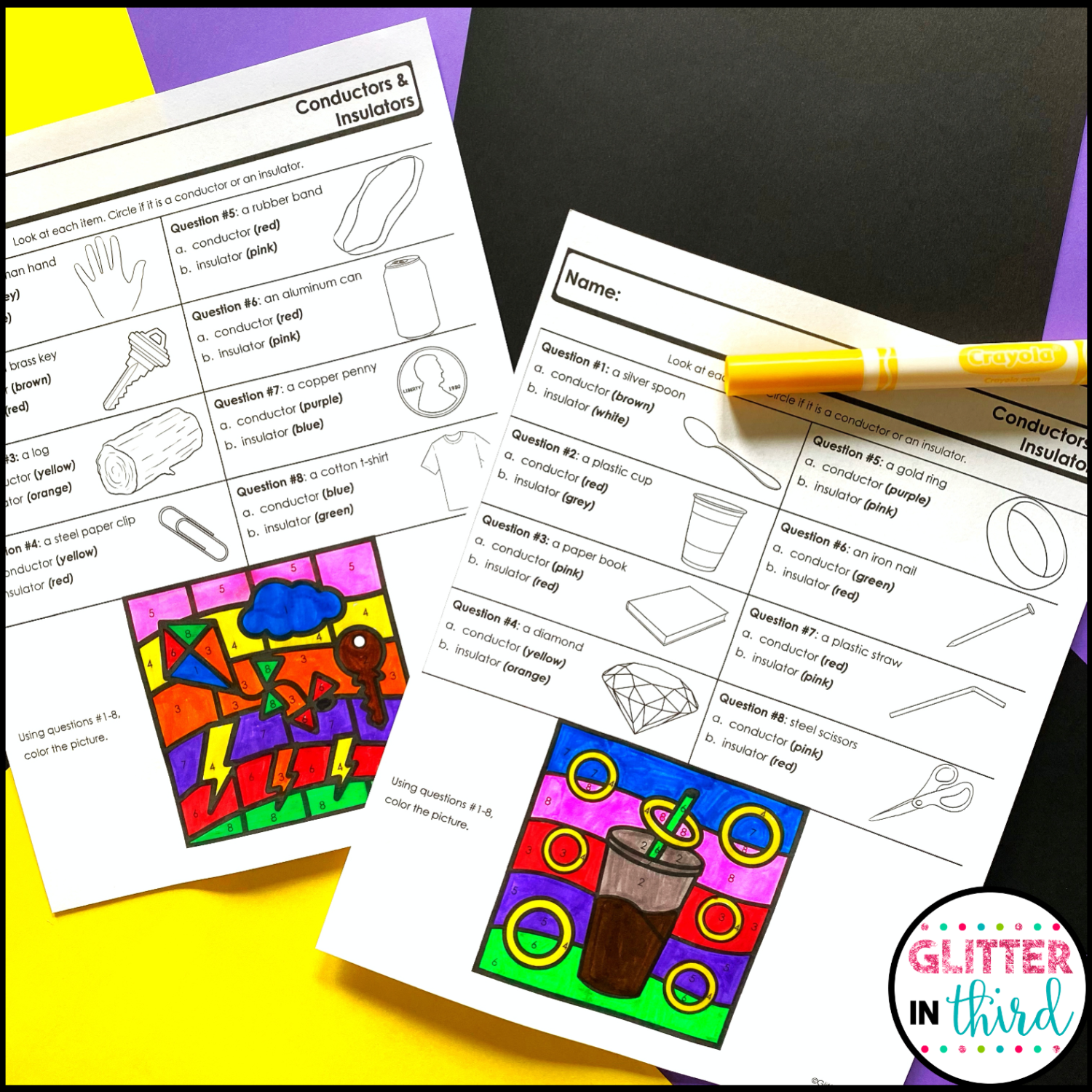 Conductors and Insulators Worksheets Color-By-Numbers - Glitter in Third