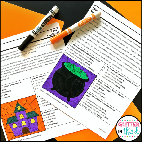 halloween reading comprehension color by number worksheet