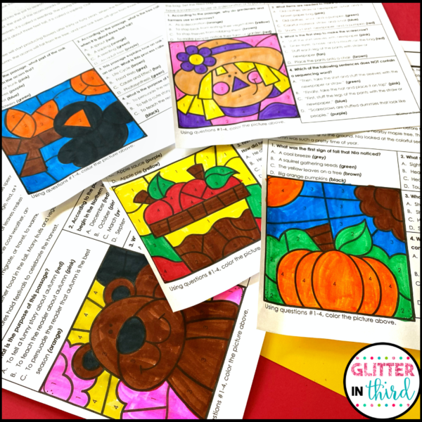 autumn reading comprehension worksheet color by number