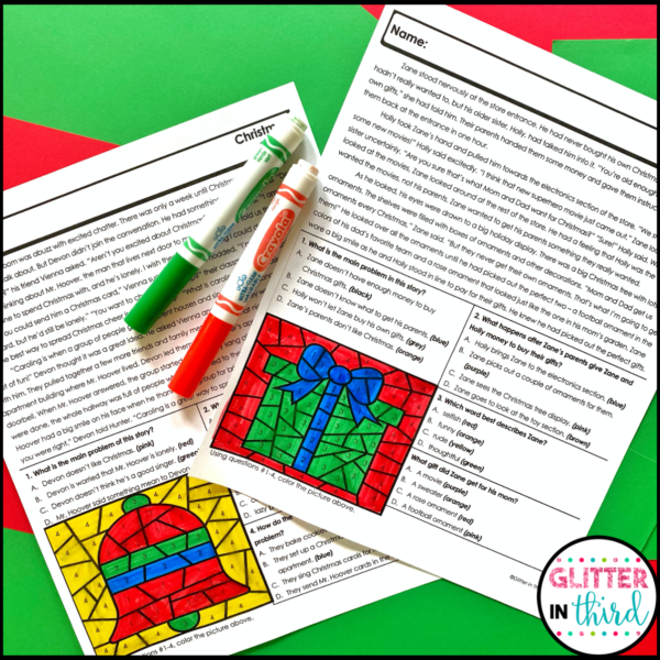 Christmas reading comprehension worksheet color by number