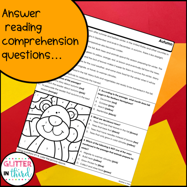 autumn reading comprehension worksheet color by number