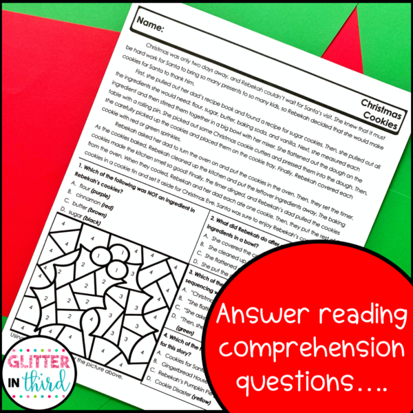 Christmas reading comprehension worksheet color by number