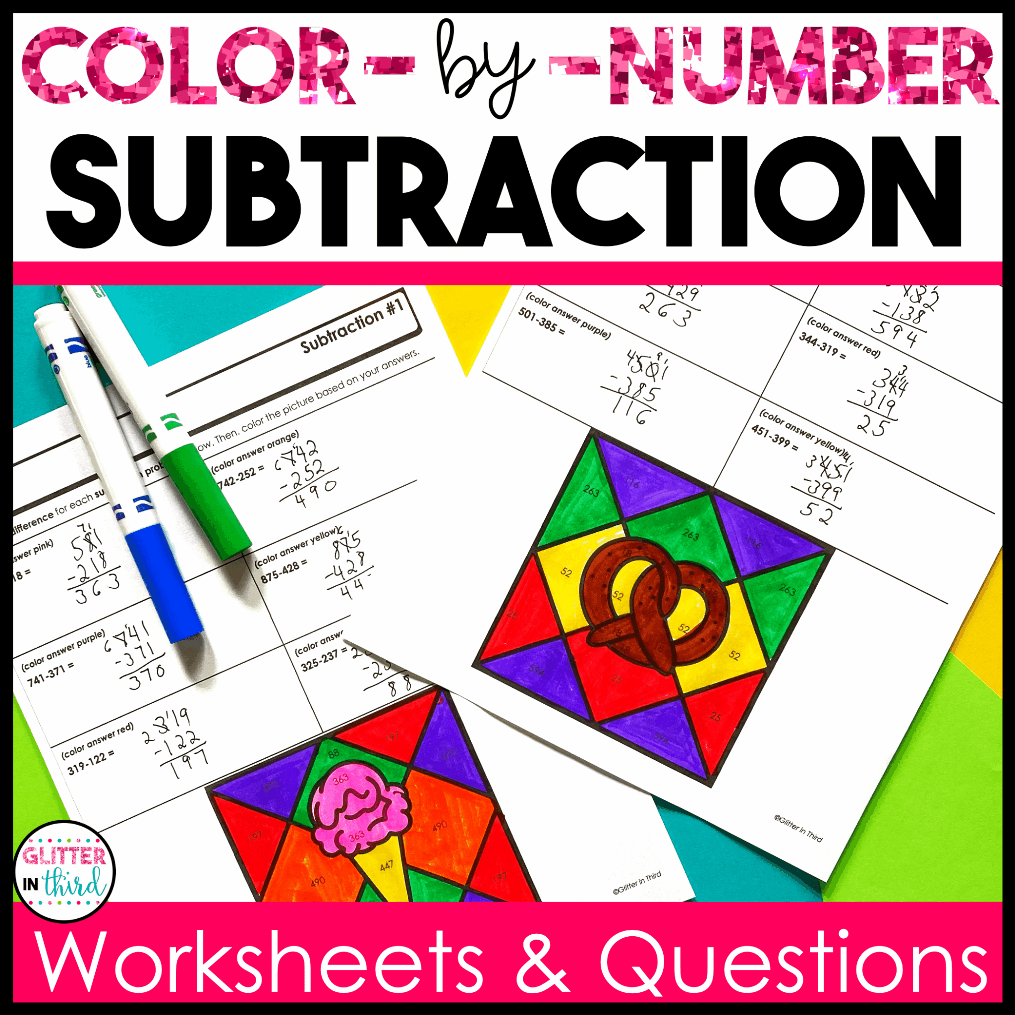3rd Grade Subtraction Worksheets Color-By-Numbers - Glitter in Third