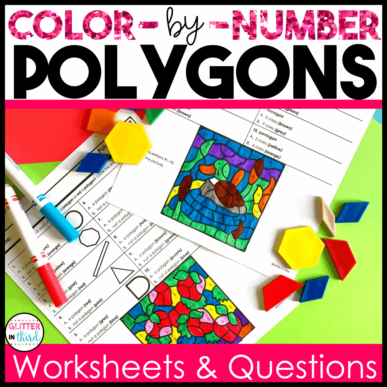 Polygons and Quadrilaterals Worksheets Color-By-Number - Glitter in Third