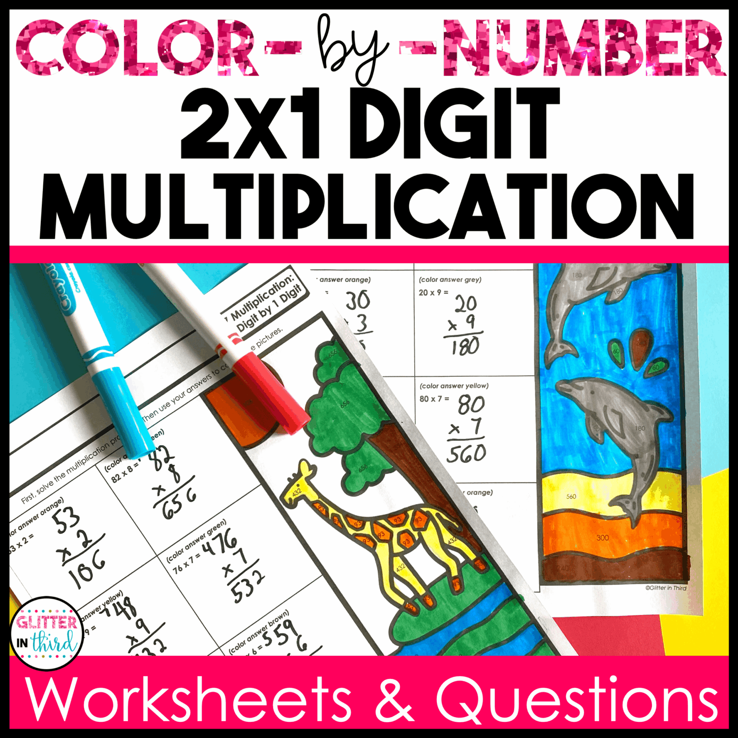 2 Digit by 1 Digit Multiplication Color-By-Number Worksheets - Glitter ...