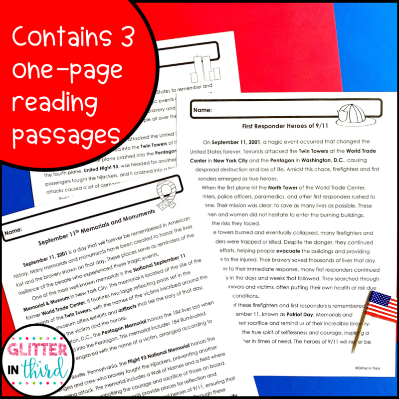 September 11 Patriot Day Reading Comprehension Passages Activities ...