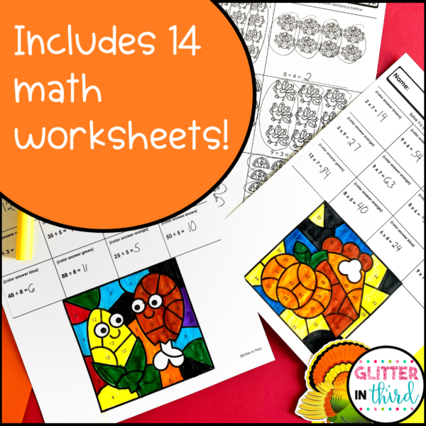 3rd Grade Thanksgiving Math Worksheets No Prep Color-By-Number