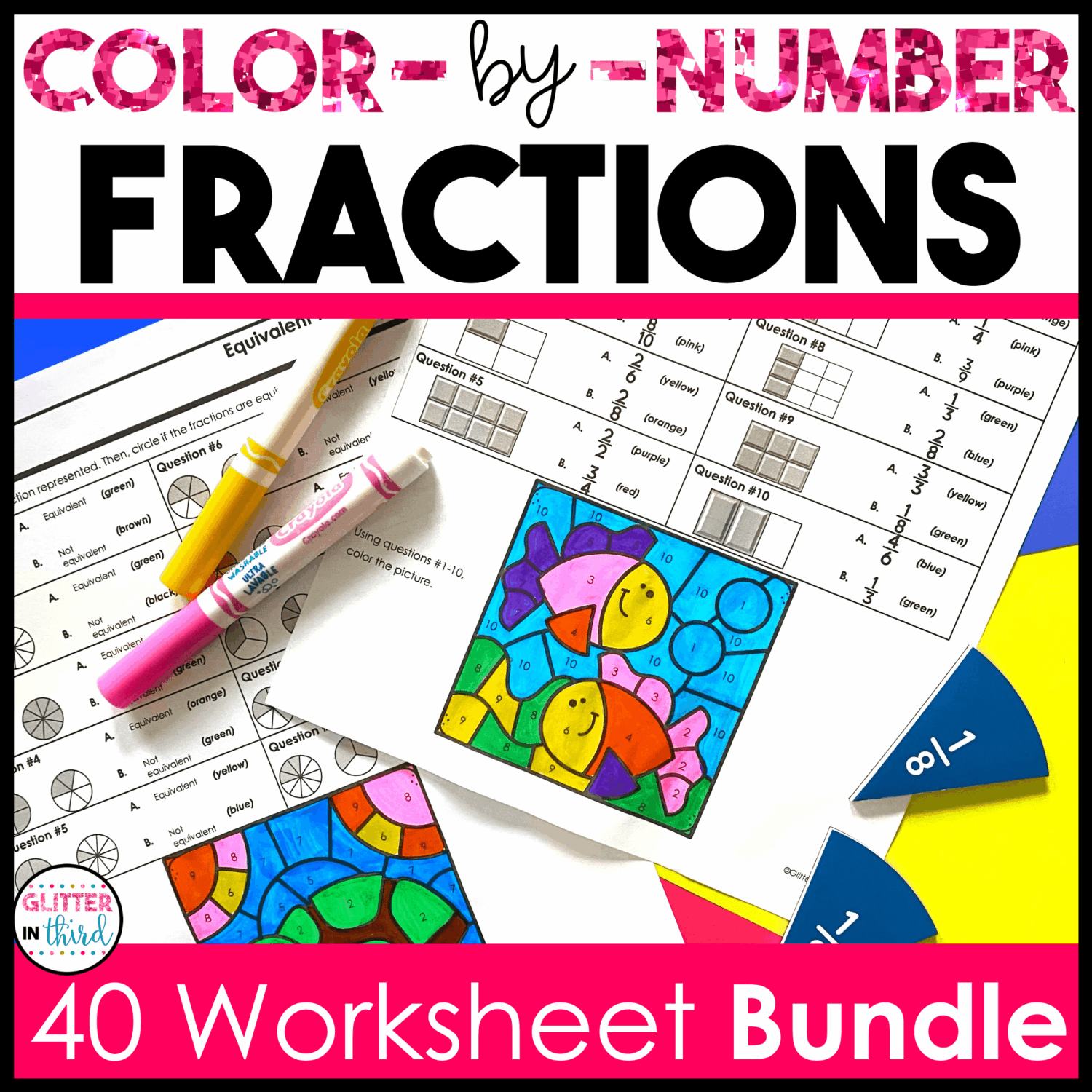 3rd Grade Fractions Color-By-Number Worksheets BUNDLE - Glitter in Third