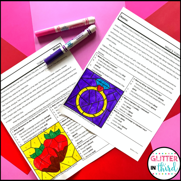 Valentine's Day Reading Comprehension Color-By-Number Worksheets