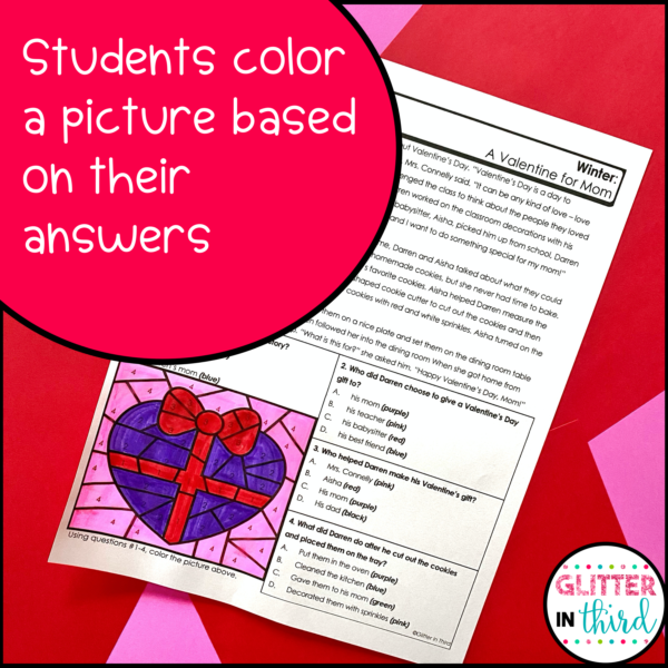 Valentine's Day Reading Comprehension Color-By-Number Worksheets