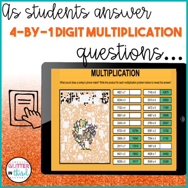 Thanksgiving 4 Digit by 1 Digit Multiplication Pixel Art Activities