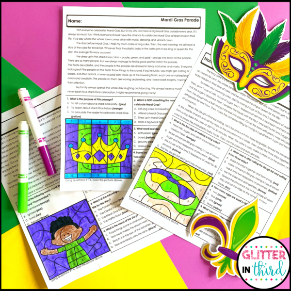 Mardi Gras Reading Comprehension Color By Number Worksheets