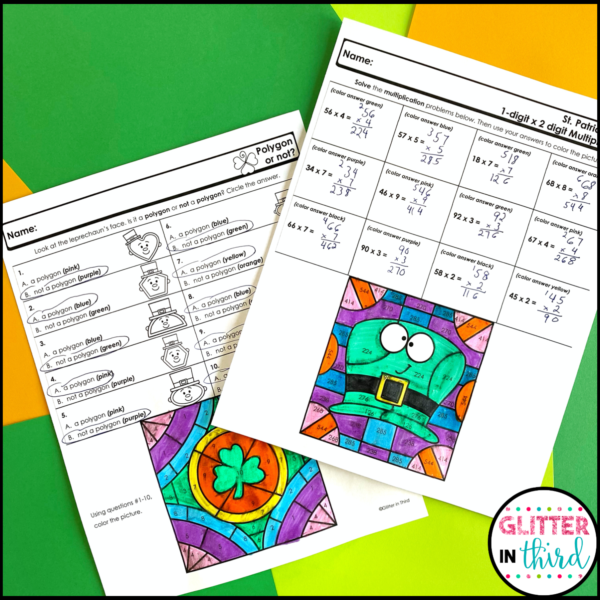 3rd Grade St. Patrick's Day Math Worksheets No Prep Color-By-Number