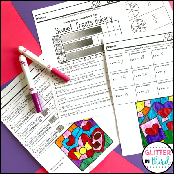 3rd Grade Valentine's Day Math Worksheets No Prep Color-By-Number