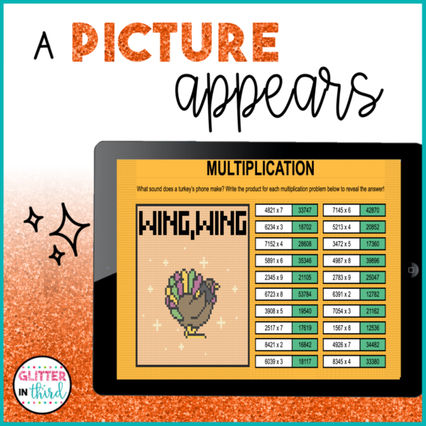 Thanksgiving 4 Digit by 1 Digit Multiplication Pixel Art Activities