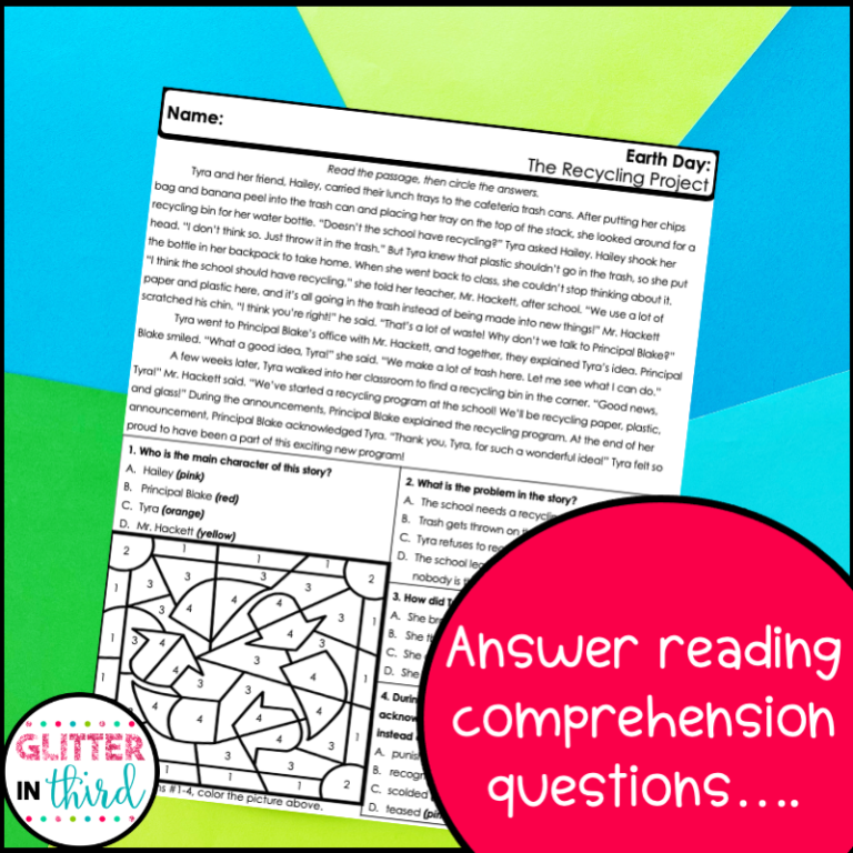 Earth Day Reading Comprehension Color By Number Worksheets - Glitter in ...