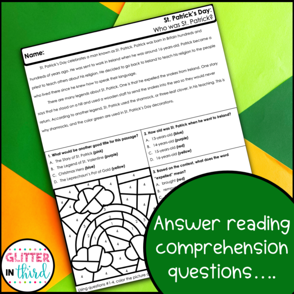 St. Patrick's Day Reading Comprehension Color By Number Worksheets