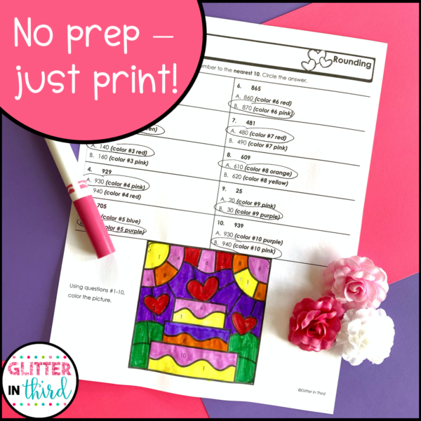 3rd Grade Valentine's Day Math Worksheets No Prep Color-By-Number