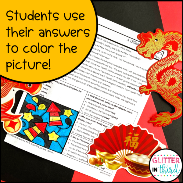 Lunar New Year Reading Comprehension Color-By-Number Worksheets