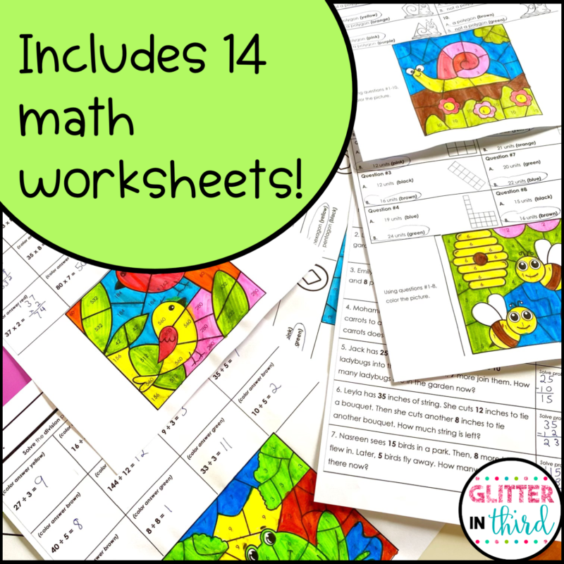 Spring Math Worksheets No Prep Color By Number - Glitter in Third