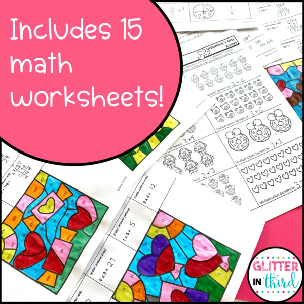 3rd Grade Valentine's Day Math Worksheets No Prep Color-By-Number