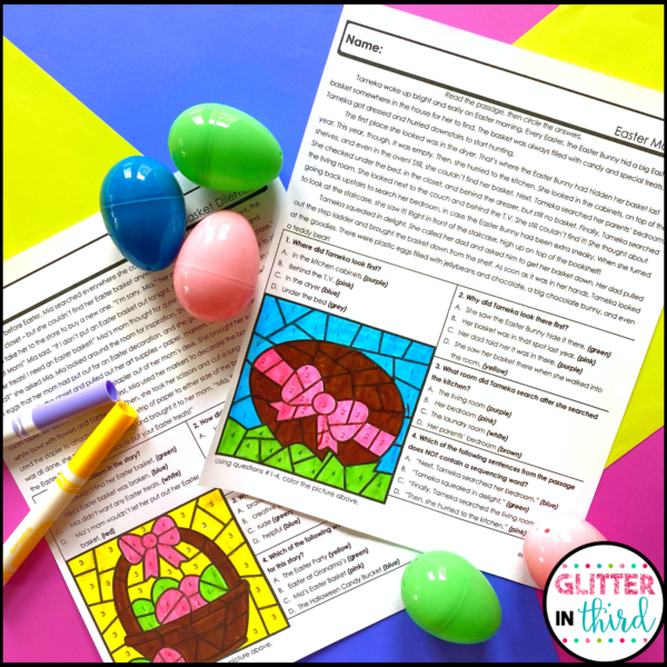 Easter Reading Comprehension Color By Number Worksheets